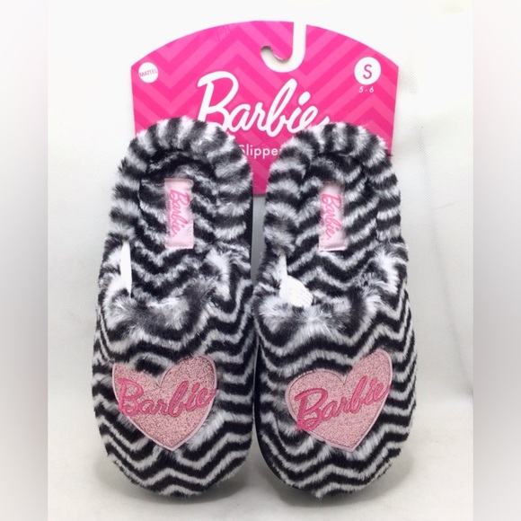 Barbie Womens Zebra Print Glitter Heart Plush Faux Fur Slippers Size Small 5-6 - Picture 1 of 4